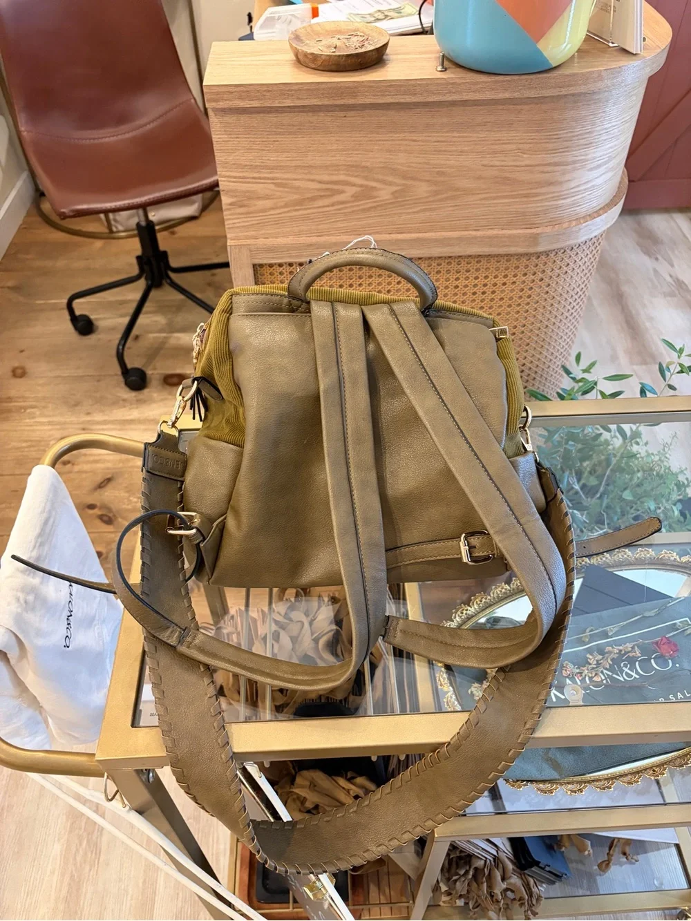 Corduroy Olive Green Women's Backpack with Gold Zippers